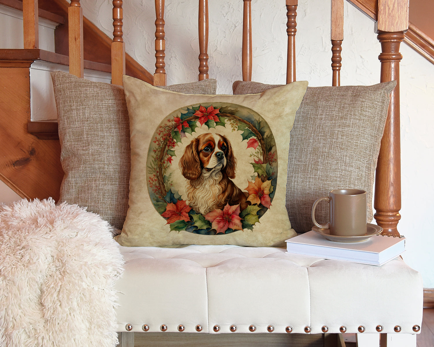 Cavalier Spaniel Christmas Flowers Decorative Throw Pillow 14x14 Indoor Outdoor Accent Cushion, Fabric Cover with Insert for Sofa, Bed, Porch & Living Room
