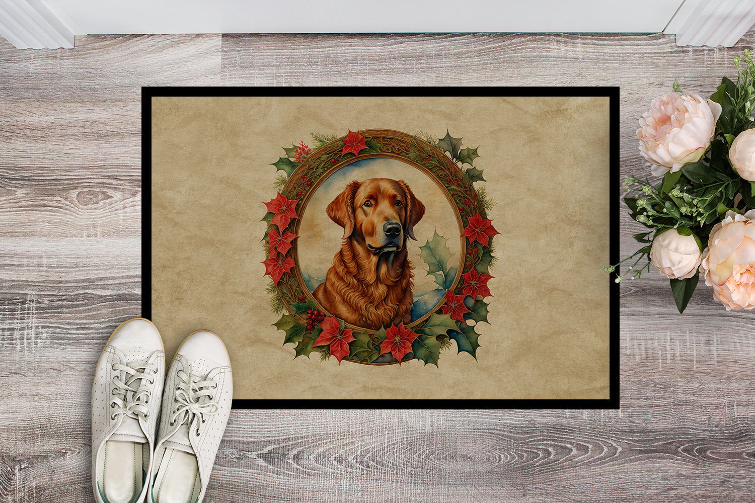 Chesapeake Bay Retriever Christmas Flowers Doormat Indoor Outdoor 24H X 36W Front Door Mat Rugs for Entryway, Non Slip Washable Low Pile,