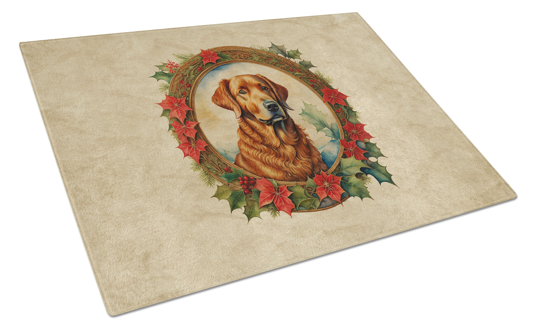 Chesapeake Bay Retriever Christmas Flowers Cutting Board Tempered Glass Kitchen Cutting Surface, Heat Resistant Chopping, Non-Slip Feet, Food Prep & Serving