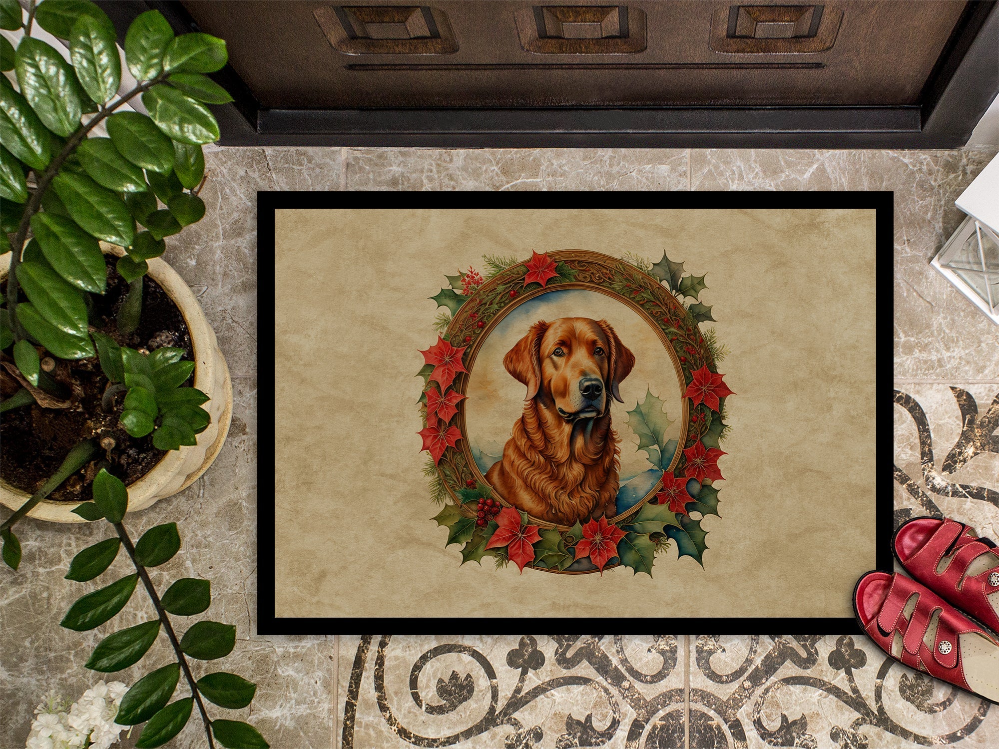 Chesapeake Bay Retriever Christmas Flowers Doormat Indoor Outdoor 18H X 27W Front Door Mat Rugs for Entryway, Non Slip Washable