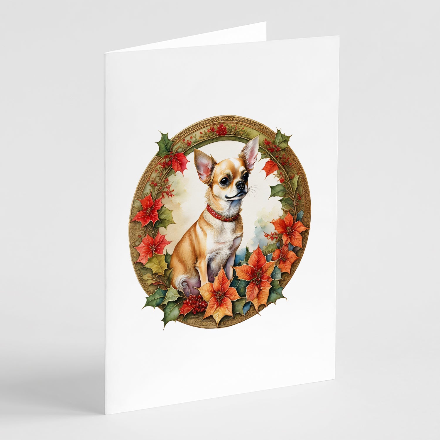 Chihuahua Christmas Flowers Greeting Cards Pack of 8 Blank Cards with Envelopes Whimsical A7 Size 5x7