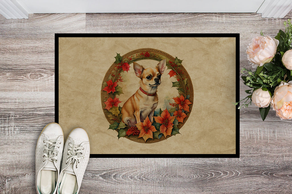 Chihuahua Christmas Flowers Doormat Indoor Outdoor 24H X 36W Front Door Mat Rugs for Entryway, Non Slip Washable Low Pile,