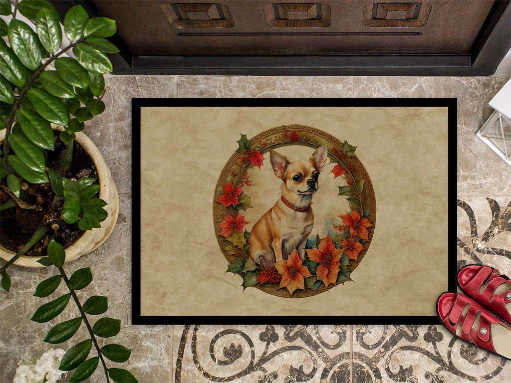 Chihuahua Christmas Flowers Doormat Indoor Outdoor 24H X 36W Front Door Mat Rugs for Entryway, Non Slip Washable Low Pile,