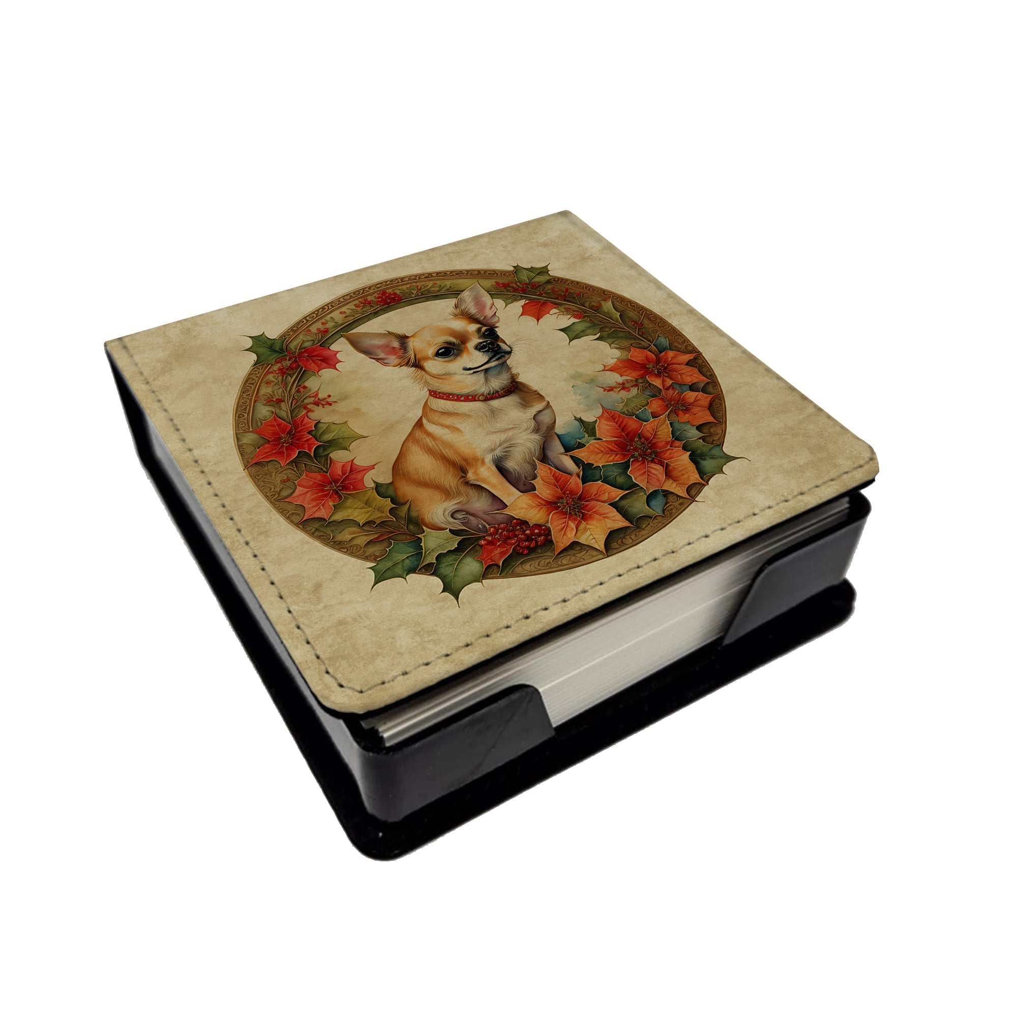 Chihuahua Christmas Flowers PU Leather Note Paper Holder with Artist-Designed Cover, Desk Accessory, Office Gift