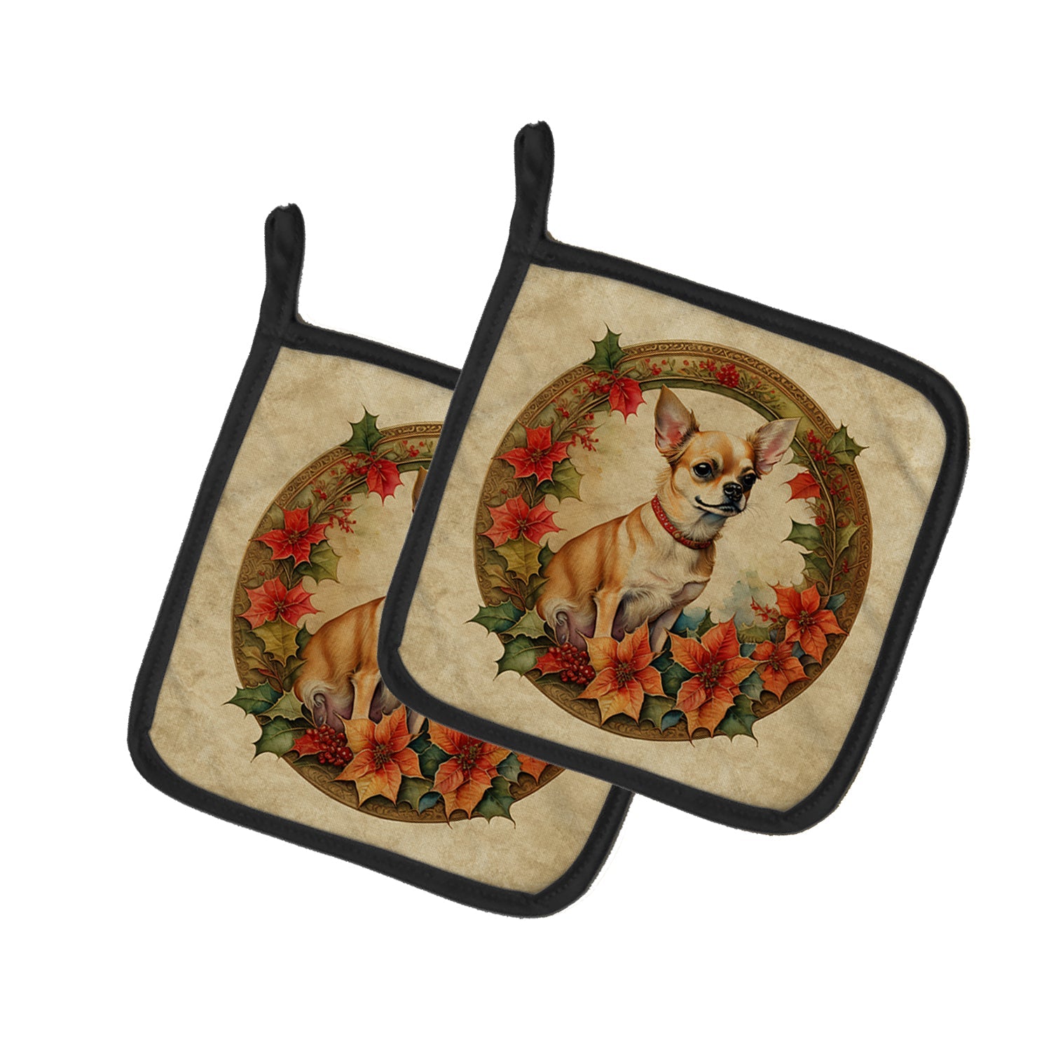 Chihuahua Christmas Flowers Pot Holder Set of 2 Heat Resistant Quilted Hot Pads 7.5 x 7.5 Inch, Insulated Kitchen Trivets for Cooking & Baking