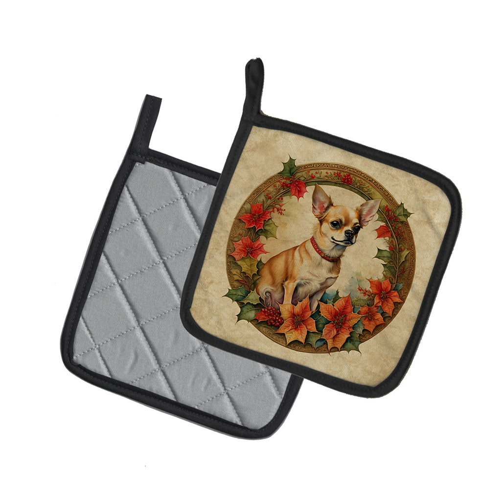 Chihuahua Christmas Flowers Pot Holder Set of 2 Heat Resistant Quilted Hot Pads 7.5 x 7.5 Inch, Insulated Kitchen Trivets for Cooking & Baking