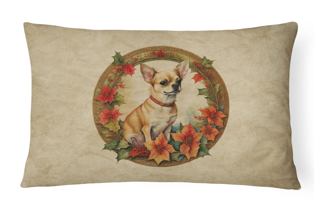 Chihuahua Christmas Flowers Decorative Throw Pillow 12x16 Indoor Outdoor Accent Cushion, Fabric Cover with Insert for Sofa, Bed, Porch & Living Room