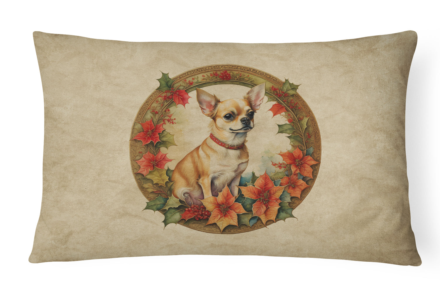 Chihuahua Christmas Flowers Decorative Throw Pillow 12x16 Indoor Outdoor Accent Cushion, Fabric Cover with Insert for Sofa, Bed, Porch & Living Room