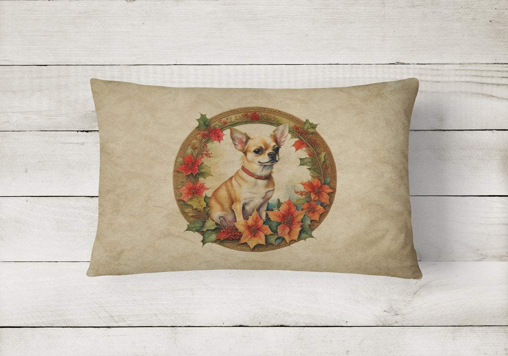 Chihuahua Christmas Flowers Decorative Throw Pillow 12x16 Indoor Outdoor Accent Cushion, Fabric Cover with Insert for Sofa, Bed, Porch & Living Room