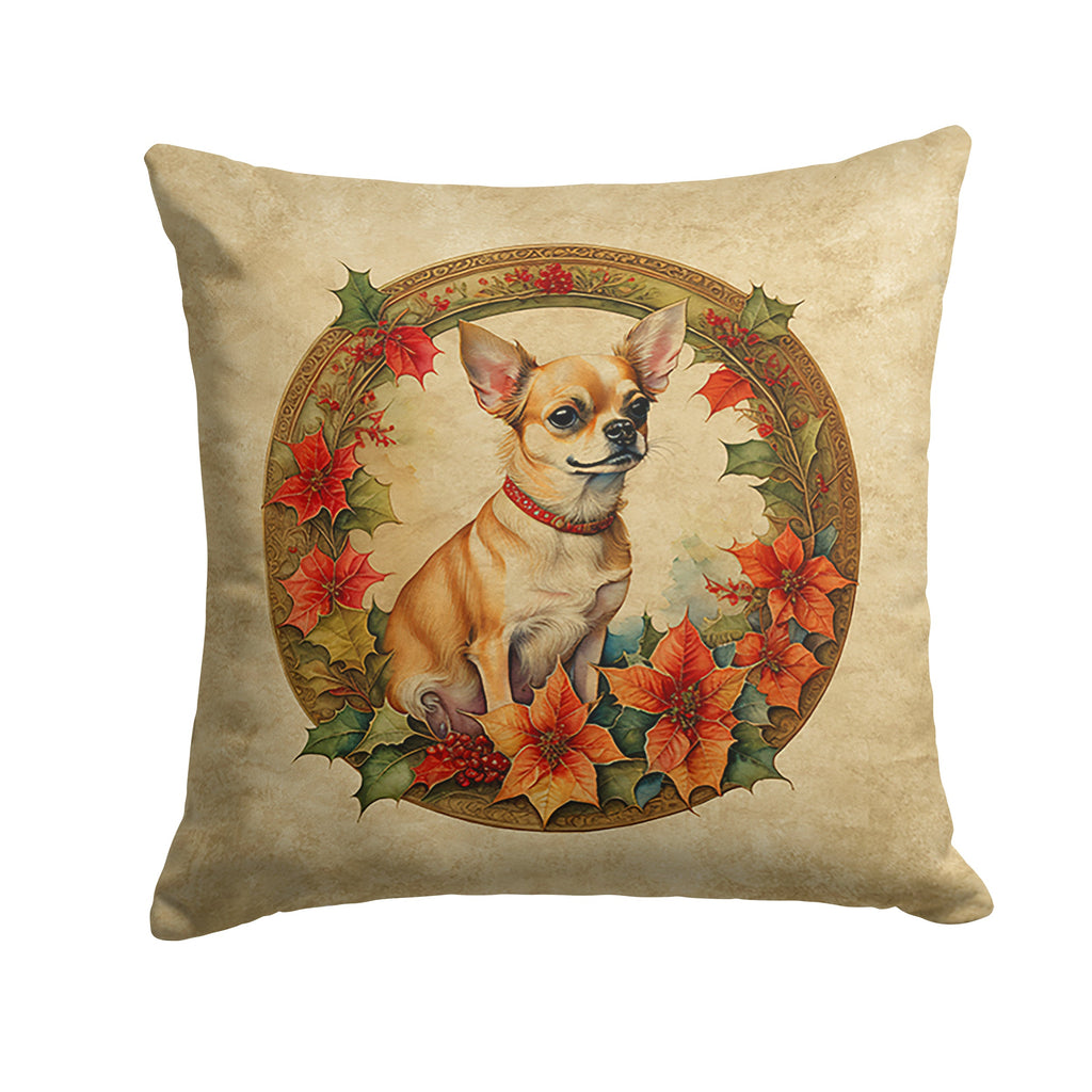 Chihuahua Christmas Flowers Decorative Throw Pillow 14x14 Indoor Outdoor Accent Cushion, Fabric Cover with Insert for Sofa, Bed, Porch & Living Room