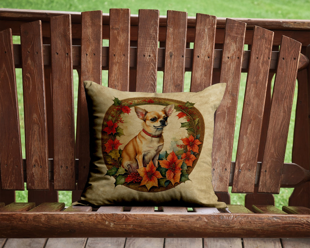 Chihuahua Christmas Flowers Decorative Throw Pillow 14x14 Indoor Outdoor Accent Cushion, Fabric Cover with Insert for Sofa, Bed, Porch & Living Room