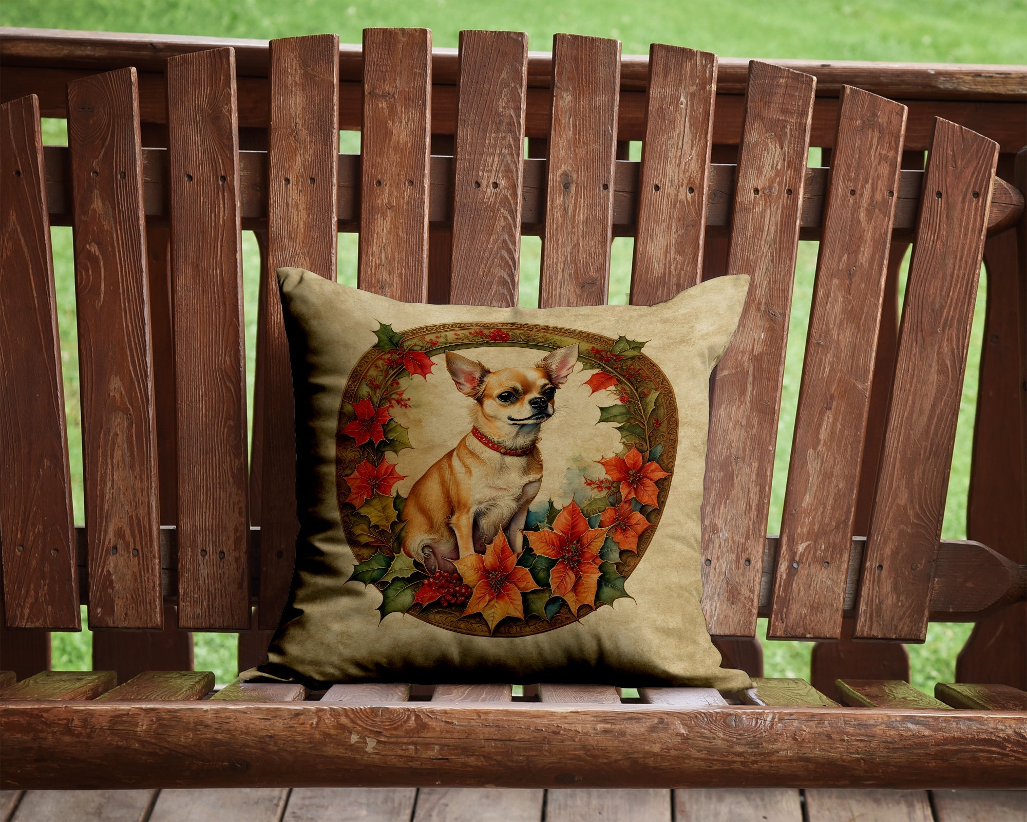 Chihuahua Christmas Flowers Decorative Throw Pillow 14x14 Indoor Outdoor Accent Cushion, Fabric Cover with Insert for Sofa, Bed, Porch & Living Room