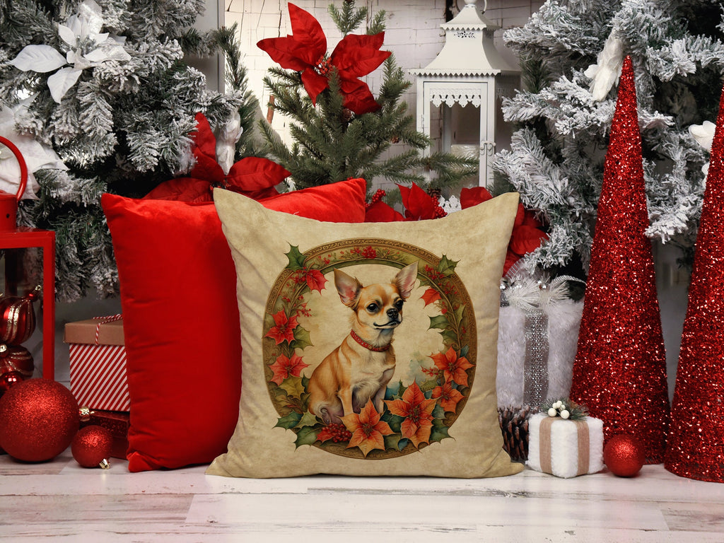 Chihuahua Christmas Flowers Decorative Throw Pillow 18x18 Indoor Outdoor Accent Cushion, Fabric Cover with Insert for Sofa, Bed, Porch & Living Room