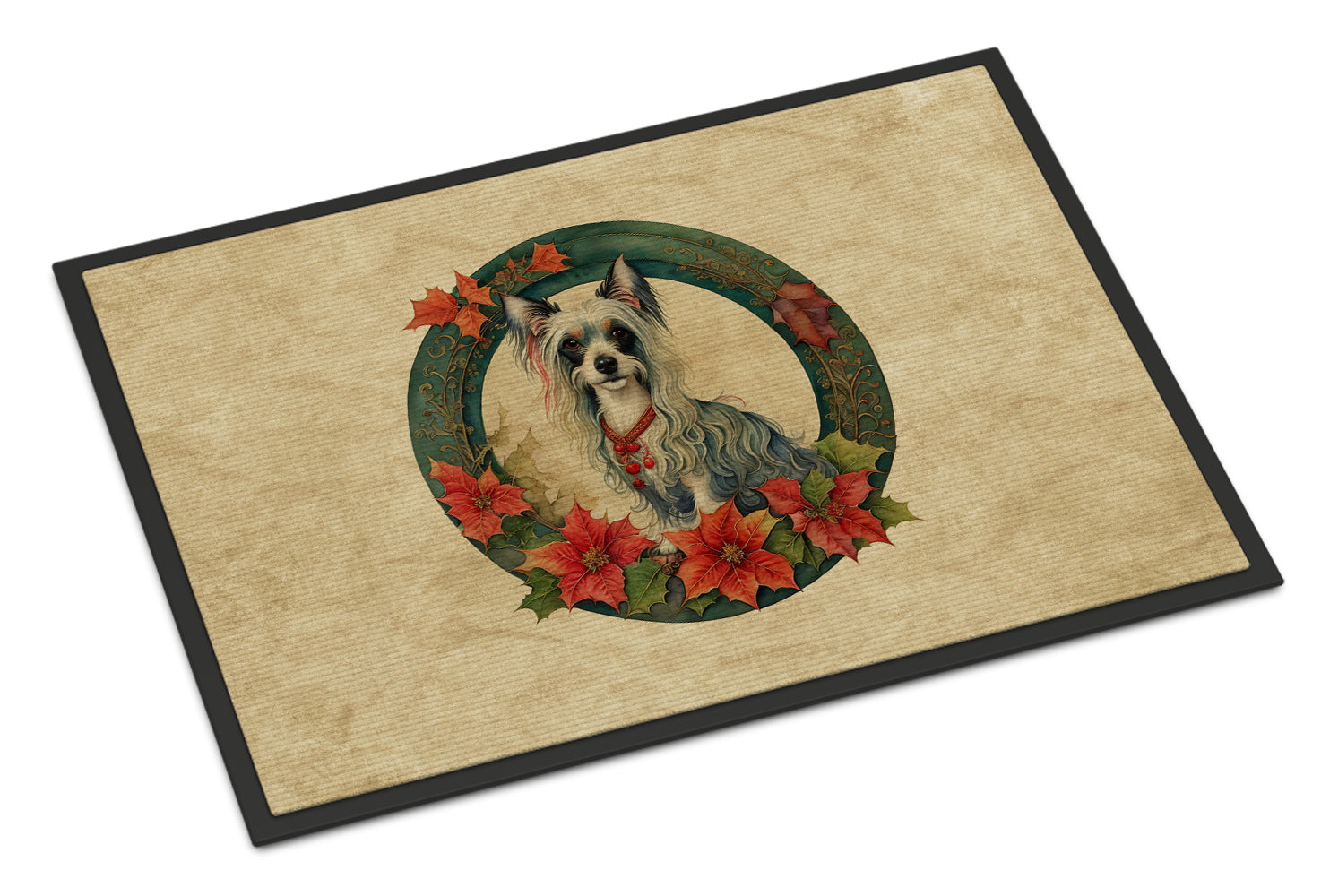 Chinese Crested Christmas Flowers Doormat Indoor Outdoor 24H X 36W Front Door Mat Rugs for Entryway, Non Slip Washable Low Pile,