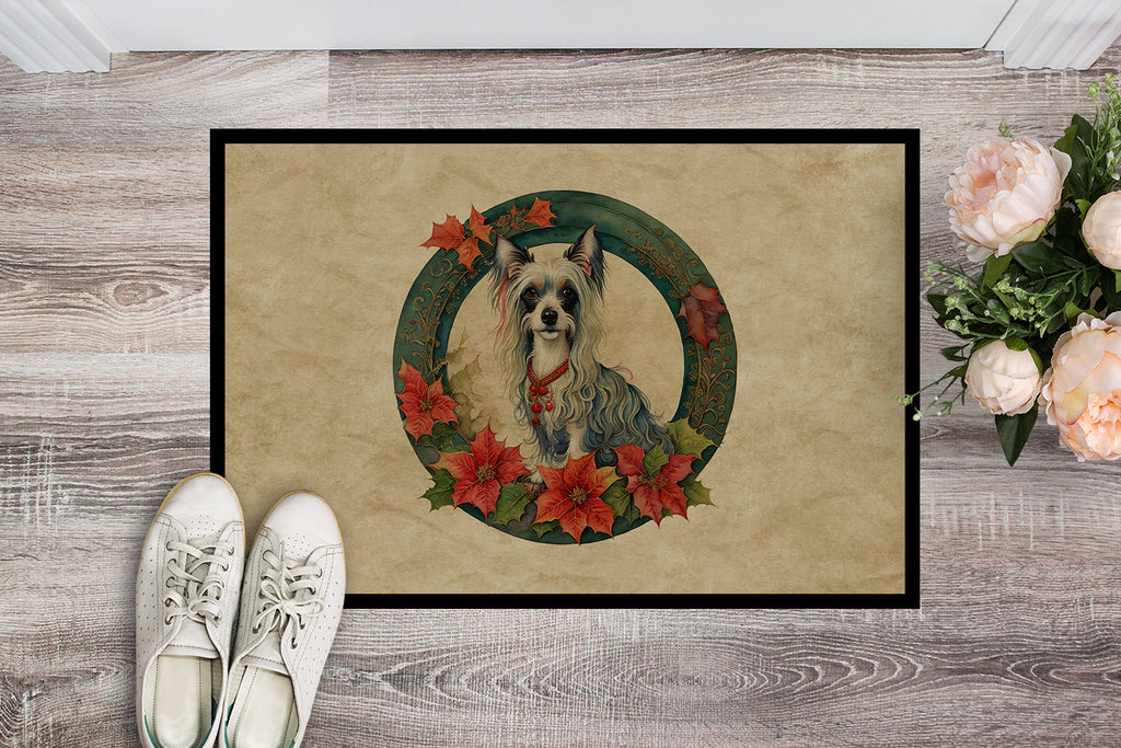 Chinese Crested Christmas Flowers Doormat Indoor Outdoor 24H X 36W Front Door Mat Rugs for Entryway, Non Slip Washable Low Pile,