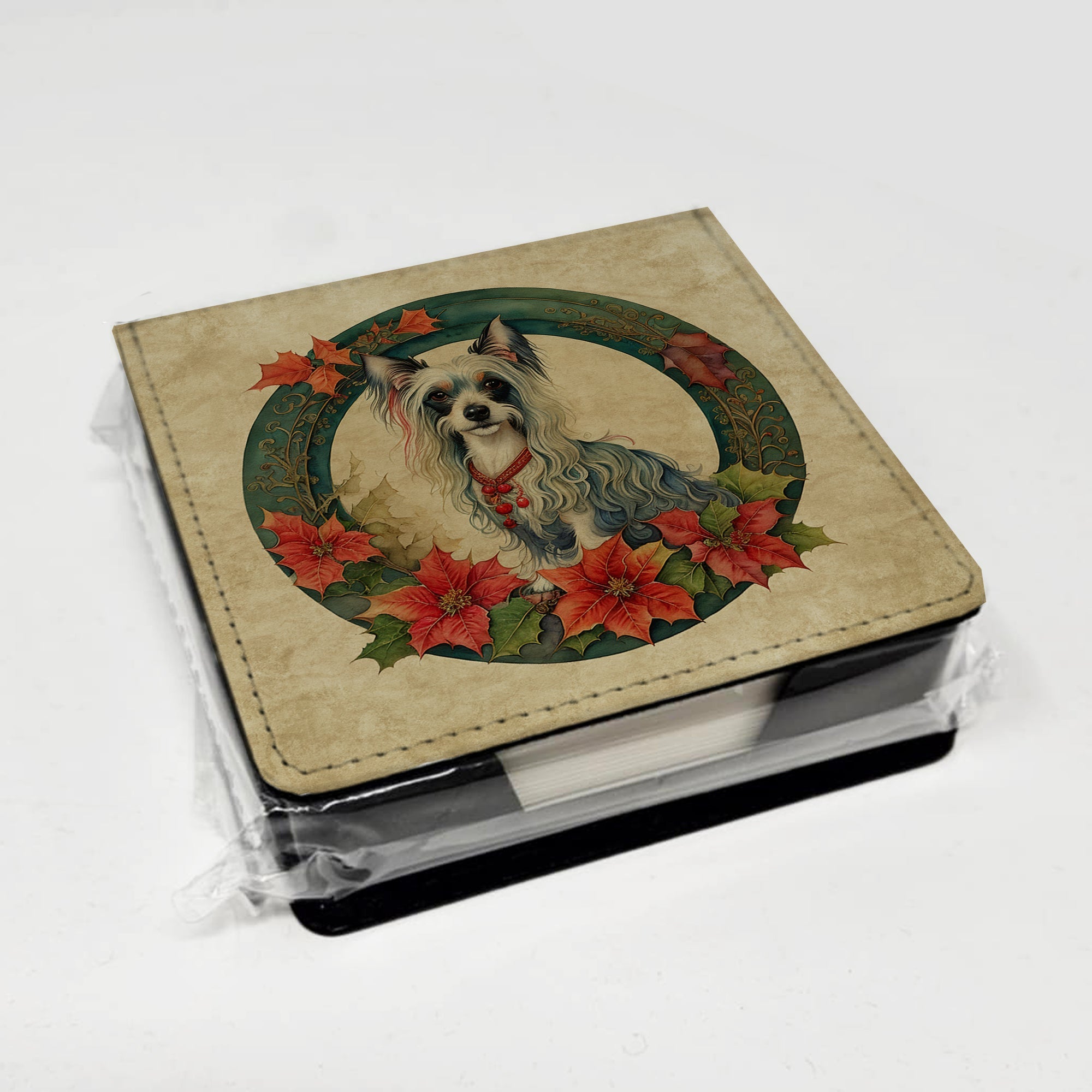 Chinese Crested Christmas Flowers PU Leather Note Paper Holder with Artist-Designed Cover, Desk Accessory, Office Gift