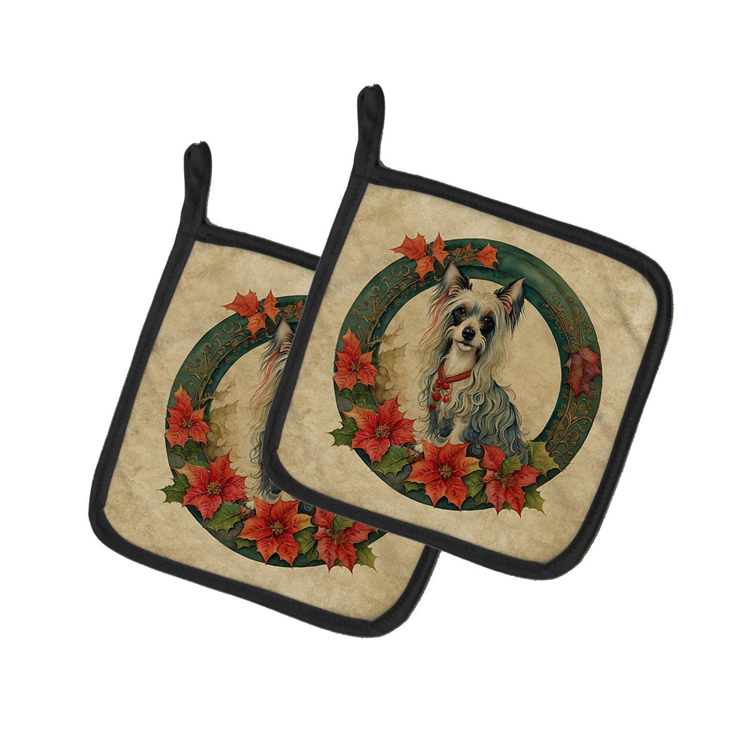 Chinese Crested Christmas Flowers Pot Holder Set of 2 Heat Resistant Quilted Hot Pads 7.5 x 7.5 Inch, Insulated Kitchen Trivets for Cooking & Baking