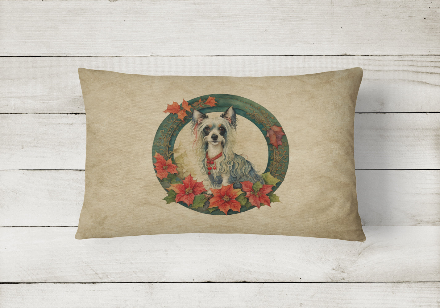 Chinese Crested Christmas Flowers Decorative Throw Pillow 12x16 Indoor Outdoor Accent Cushion, Fabric Cover with Insert for Sofa, Bed, Porch & Living Room