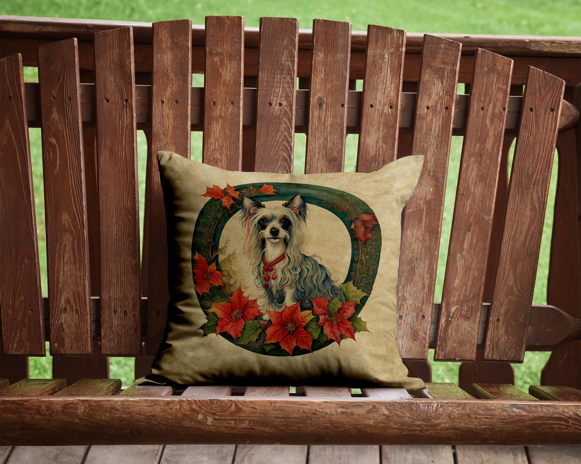 Chinese Crested Christmas Flowers Decorative Throw Pillow 14x14 Indoor Outdoor Accent Cushion, Fabric Cover with Insert for Sofa, Bed, Porch & Living Room