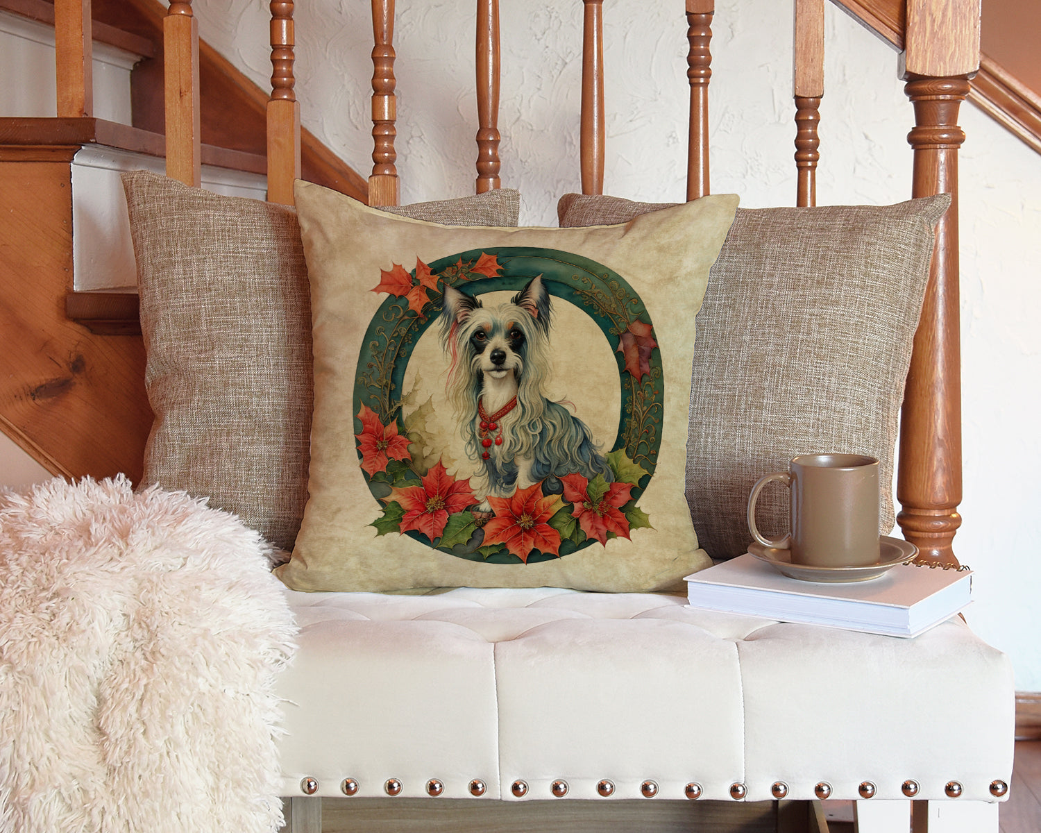 Chinese Crested Christmas Flowers Decorative Throw Pillow 14x14 Indoor Outdoor Accent Cushion, Fabric Cover with Insert for Sofa, Bed, Porch & Living Room