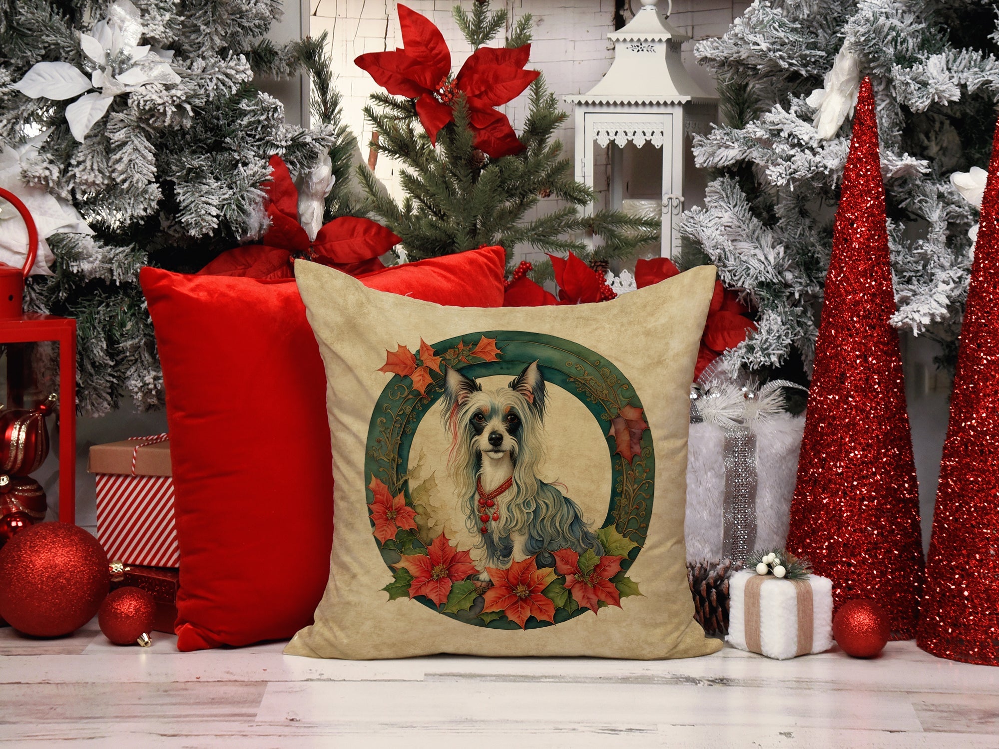 Chinese Crested Christmas Flowers Decorative Throw Pillow 18x18 Indoor Outdoor Accent Cushion, Fabric Cover with Insert for Sofa, Bed, Porch & Living Room