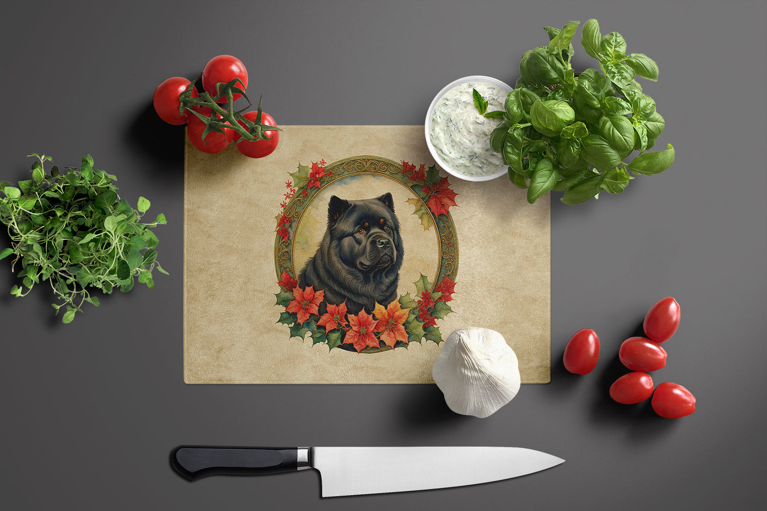 Chow Chow Christmas Flowers Cutting Board Tempered Glass Kitchen Cutting Surface, Heat Resistant Chopping, Non-Slip Feet, Food Prep & Serving