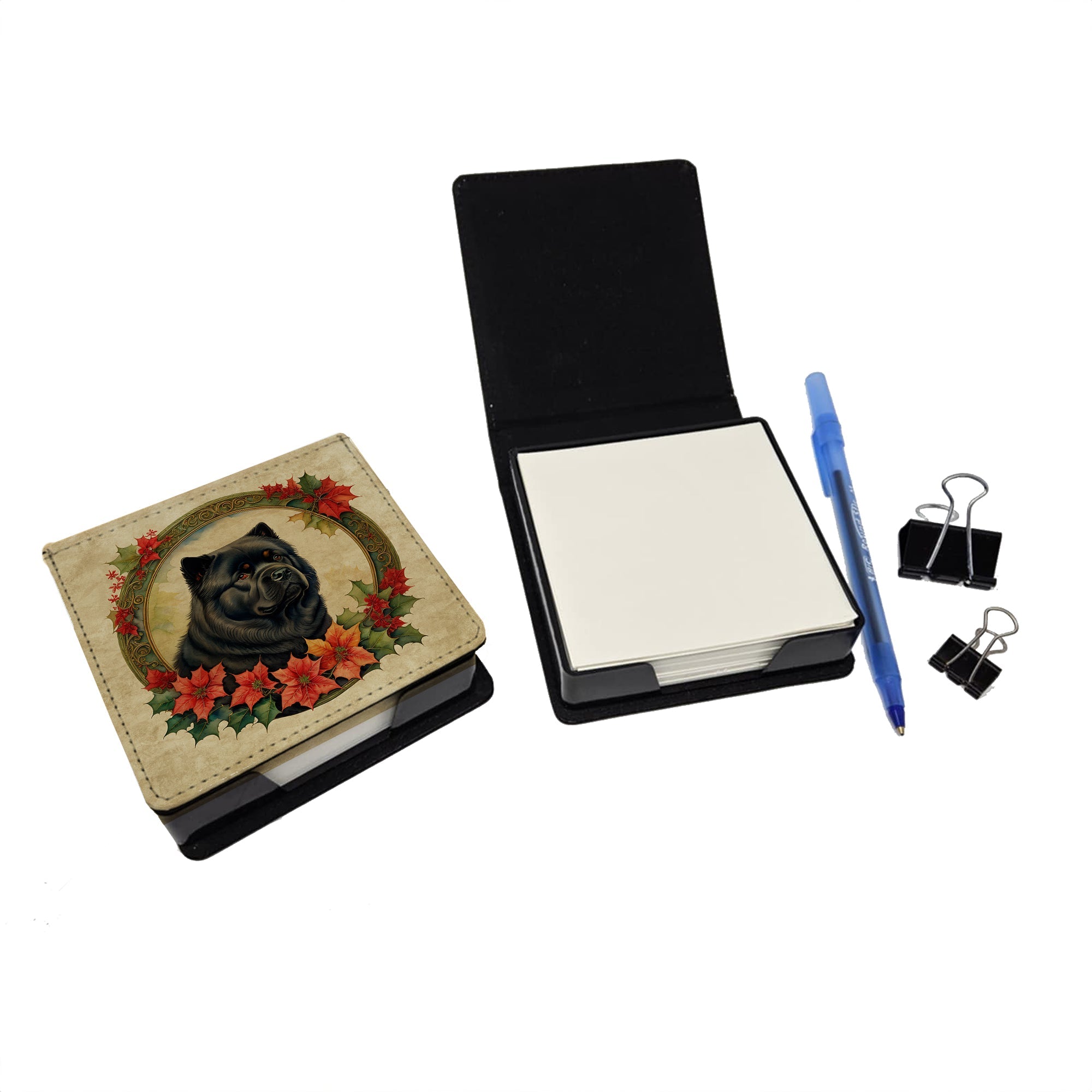Chow Chow Christmas Flowers PU Leather Note Paper Holder with Artist-Designed Cover, Desk Accessory, Office Gift