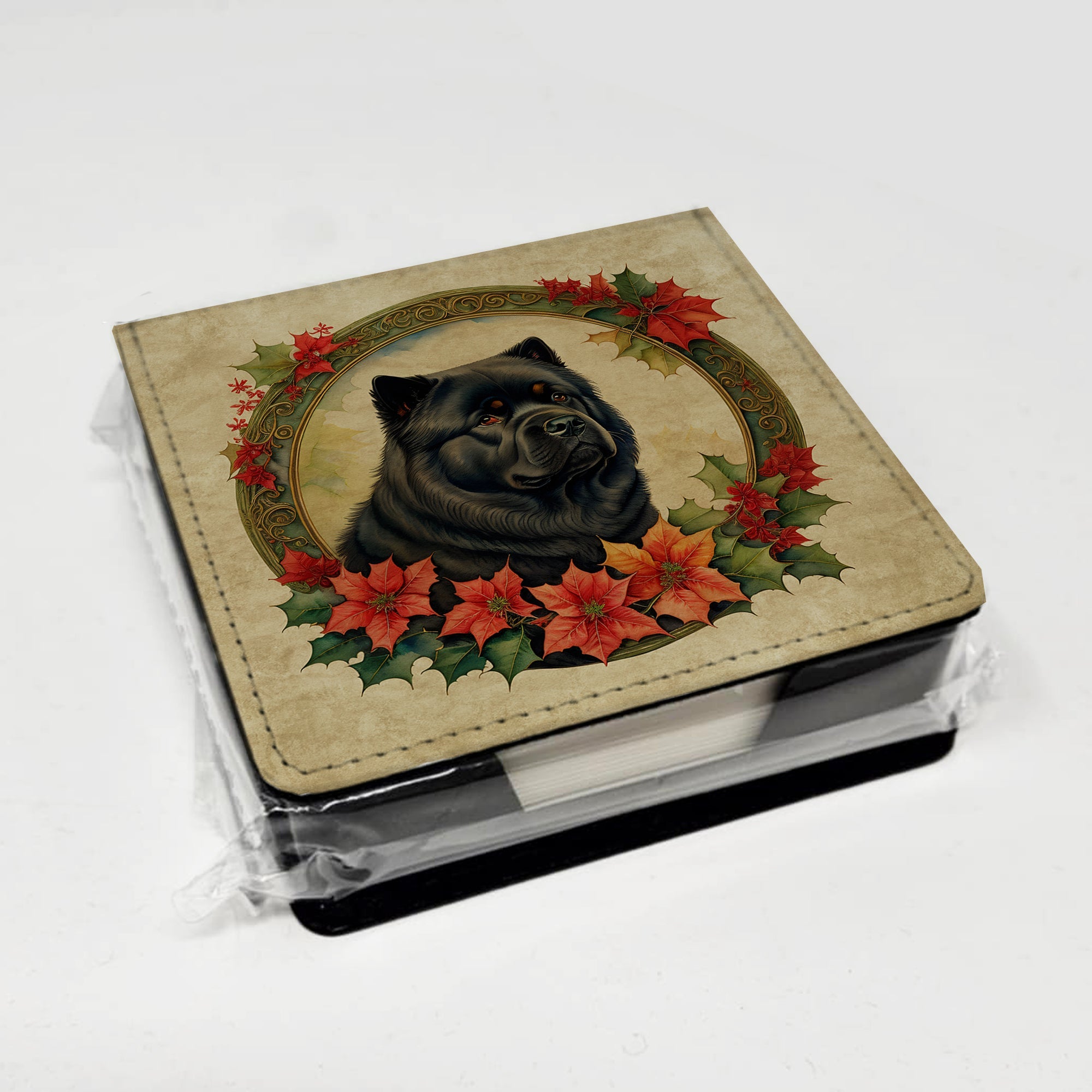 Chow Chow Christmas Flowers PU Leather Note Paper Holder with Artist-Designed Cover, Desk Accessory, Office Gift
