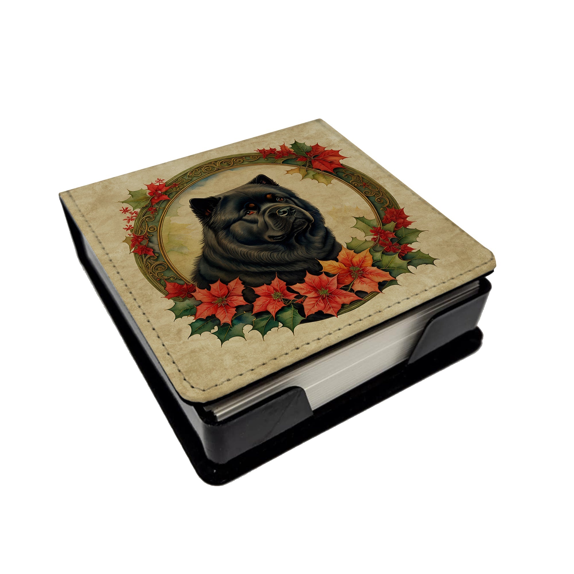 Chow Chow Christmas Flowers PU Leather Note Paper Holder with Artist-Designed Cover, Desk Accessory, Office Gift