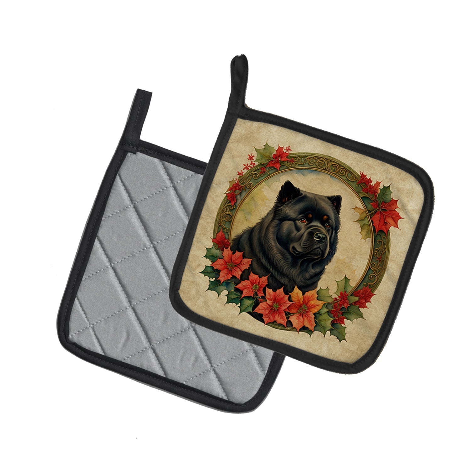 Chow Chow Christmas Flowers Pot Holder Set of 2 Heat Resistant Quilted Hot Pads 7.5 x 7.5 Inch, Insulated Kitchen Trivets for Cooking & Baking