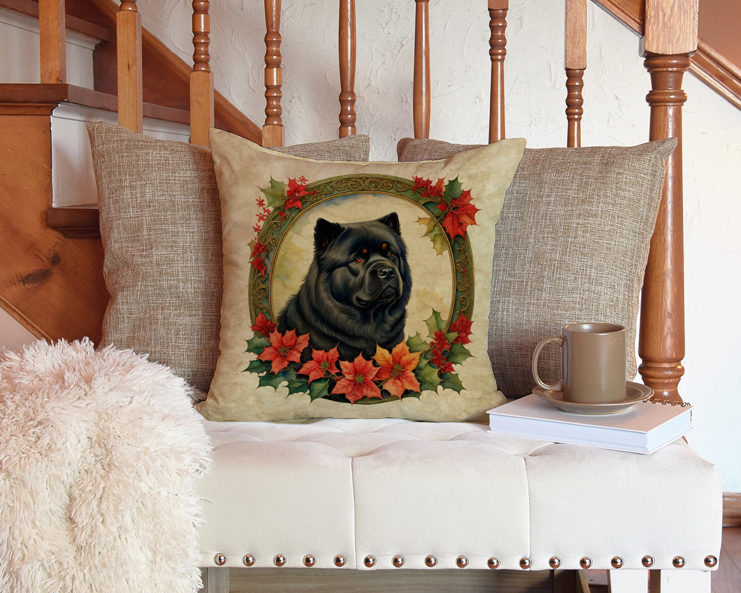 Chow Chow Christmas Flowers Decorative Throw Pillow 14x14 Indoor Outdoor Accent Cushion, Fabric Cover with Insert for Sofa, Bed, Porch & Living Room