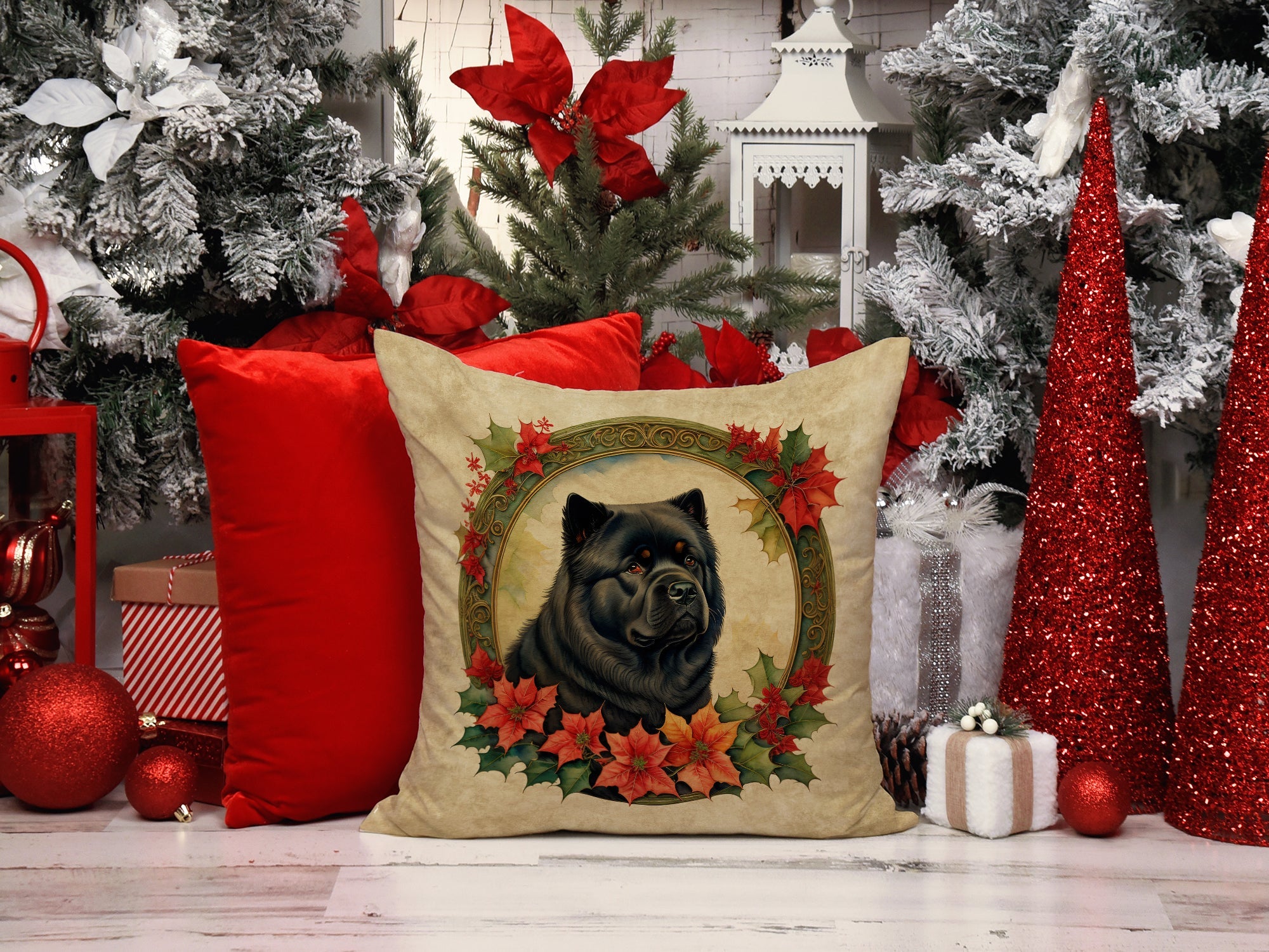 Chow Chow Christmas Flowers Decorative Throw Pillow 18x18 Indoor Outdoor Accent Cushion, Fabric Cover with Insert for Sofa, Bed, Porch & Living Room