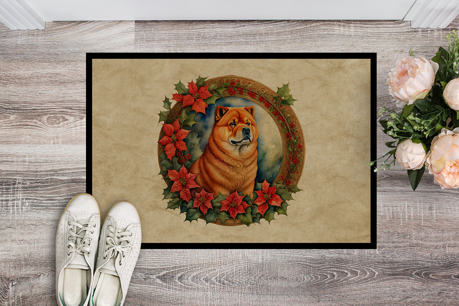 Chow Chow Christmas Flowers Doormat Indoor Outdoor 24H X 36W Front Door Mat Rugs for Entryway, Non Slip Washable Low Pile,