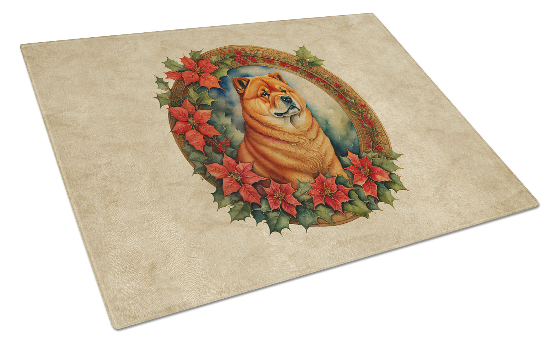 Chow Chow Christmas Flowers Cutting Board Tempered Glass Kitchen Cutting Surface, Heat Resistant Chopping, Non-Slip Feet, Food Prep & Serving