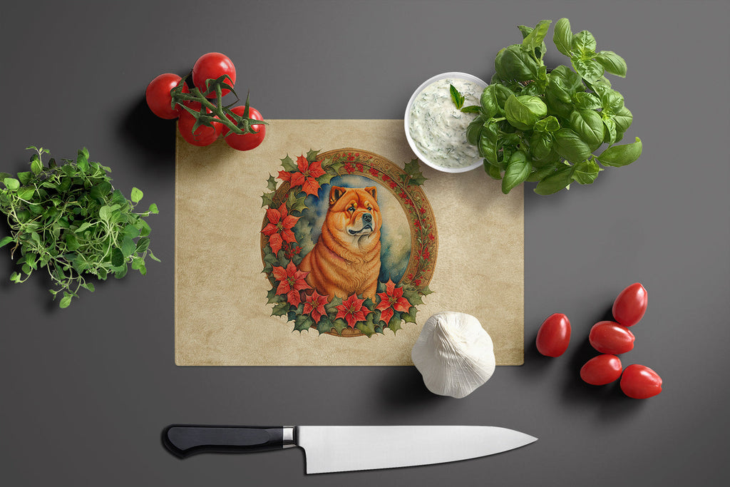 Chow Chow Christmas Flowers Cutting Board Tempered Glass Kitchen Cutting Surface, Heat Resistant Chopping, Non-Slip Feet, Food Prep & Serving
