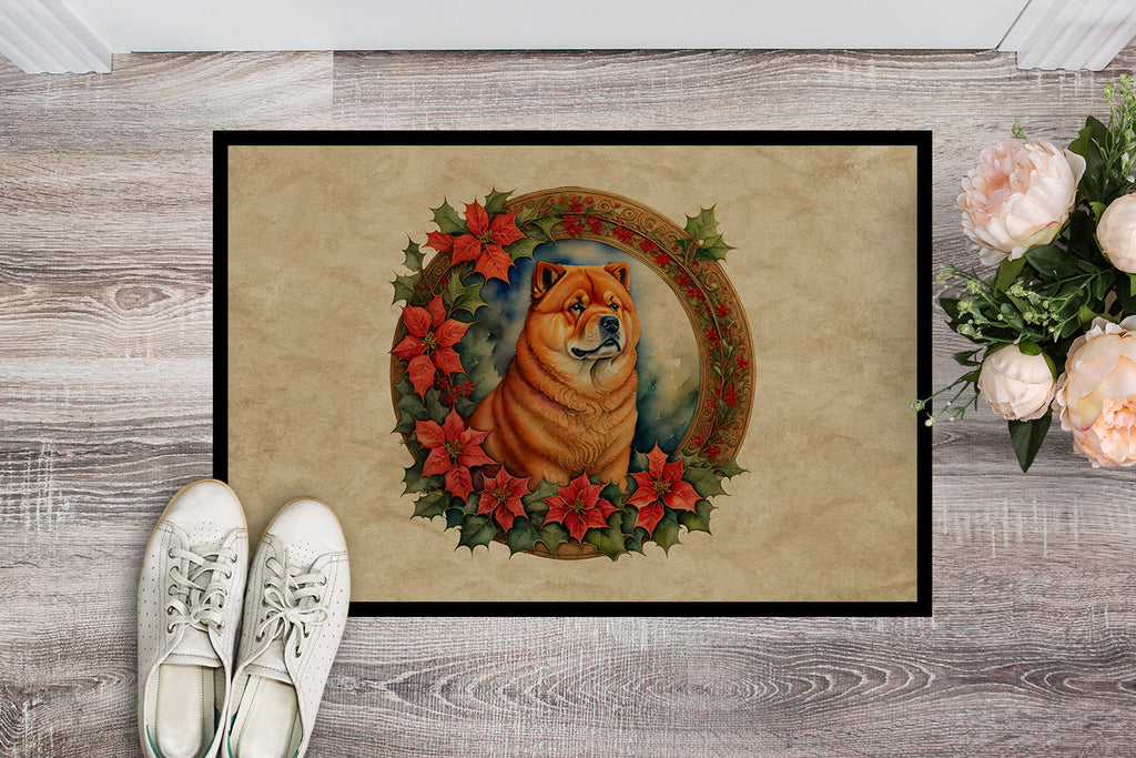 Chow Chow Christmas Flowers Doormat Indoor Outdoor 18H X 27W Front Door Mat Rugs for Entryway, Non Slip Washable