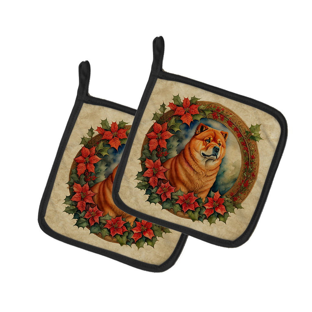 Chow Chow Christmas Flowers Pot Holder Set of 2 Heat Resistant Quilted Hot Pads 7.5 x 7.5 Inch, Insulated Kitchen Trivets for Cooking & Baking