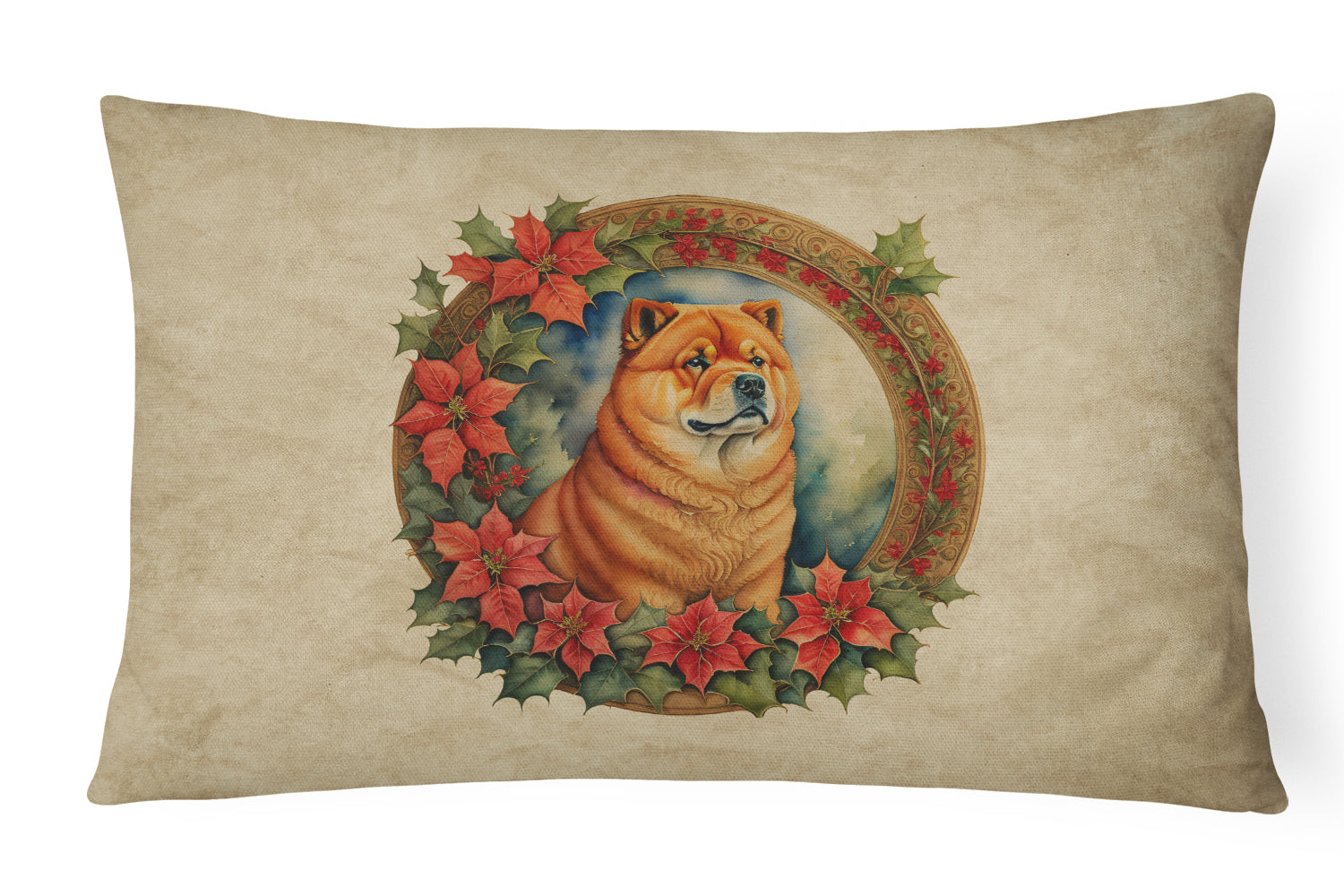 Chow Chow Christmas Flowers Decorative Throw Pillow 12x16 Indoor Outdoor Accent Cushion, Fabric Cover with Insert for Sofa, Bed, Porch & Living Room