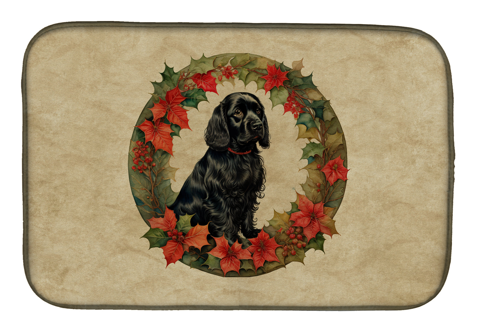 Cocker Spaniel Christmas Flowers Dish Drying Mat Absorbent Dish Drying Mat Pad for Kitchen Counter Dish Drainer Mat for Countertop, 14 x 21", Multicolor