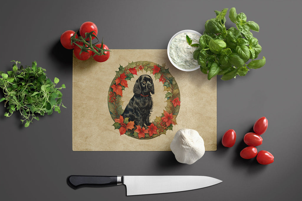 Cocker Spaniel Christmas Flowers Cutting Board Tempered Glass Kitchen Cutting Surface, Heat Resistant Chopping, Non-Slip Feet, Food Prep & Serving