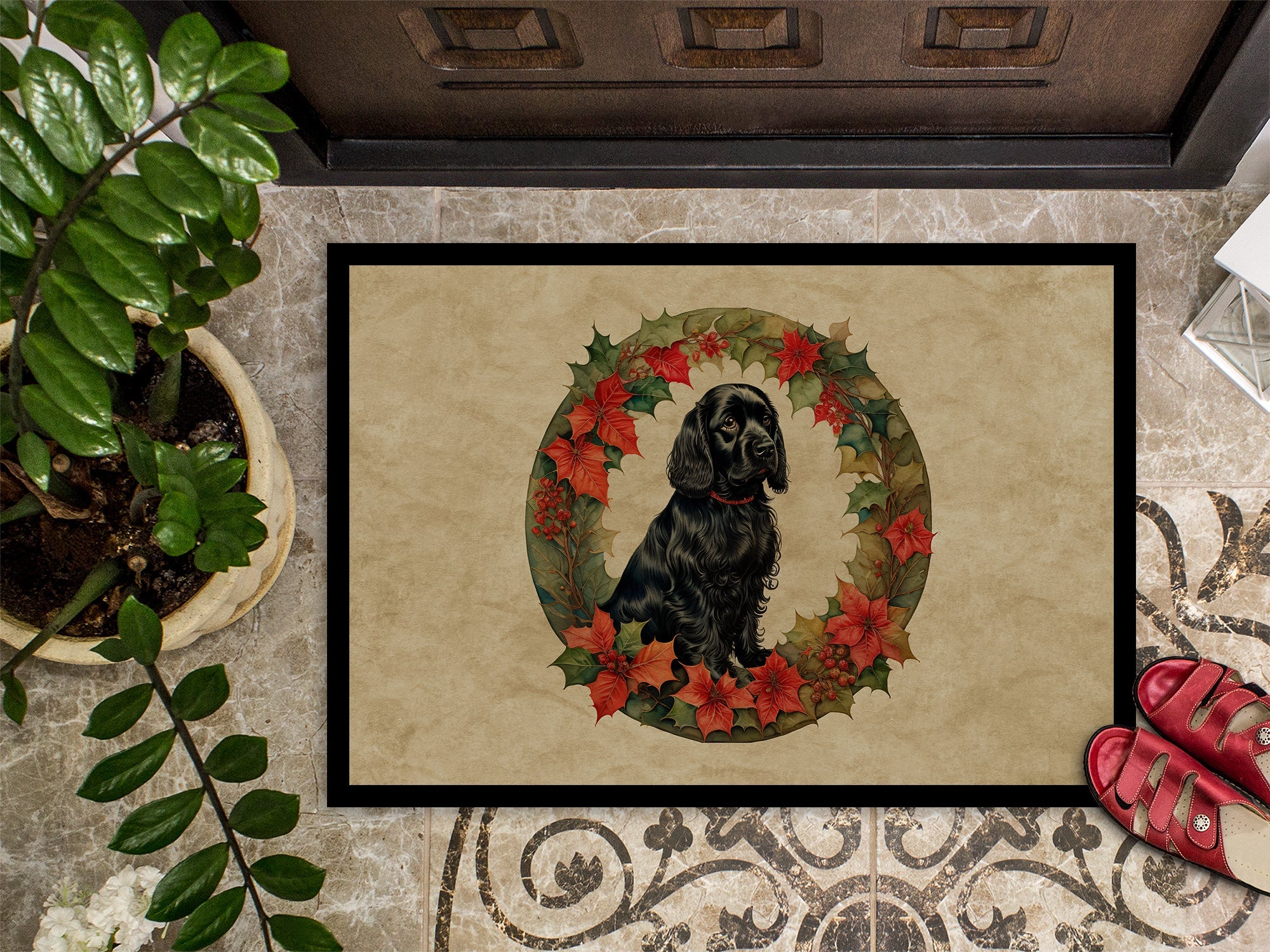 Cocker Spaniel Christmas Flowers Doormat Indoor Outdoor 18H X 27W Front Door Mat Rugs for Entryway, Non Slip Washable