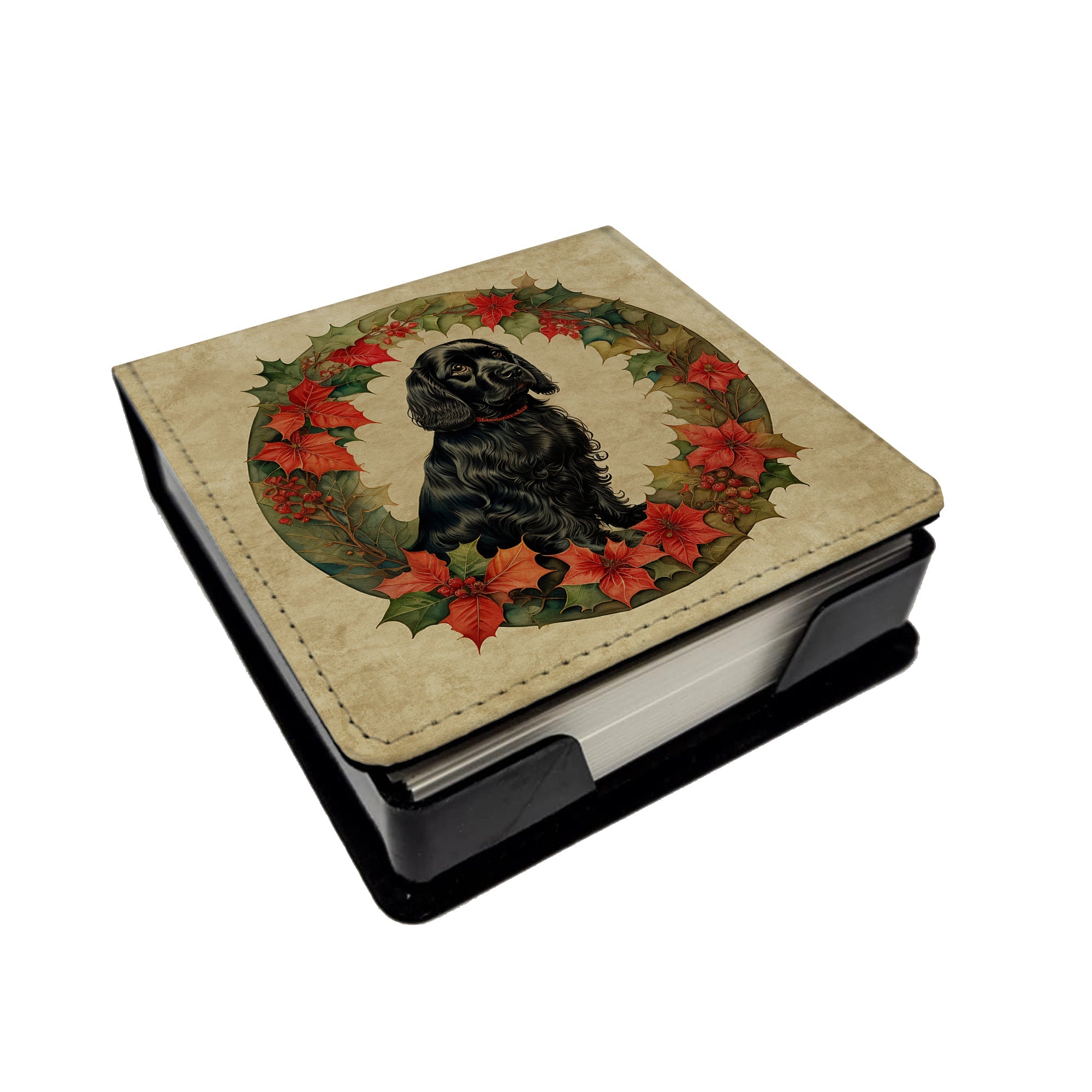 Cocker Spaniel Christmas Flowers PU Leather Note Paper Holder with Artist-Designed Cover, Desk Accessory, Office Gift