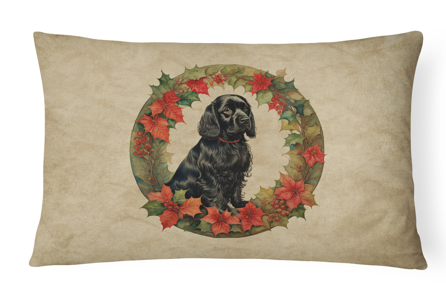 Cocker Spaniel Christmas Flowers Decorative Throw Pillow 12x16 Indoor Outdoor Accent Cushion, Fabric Cover with Insert for Sofa, Bed, Porch & Living Room