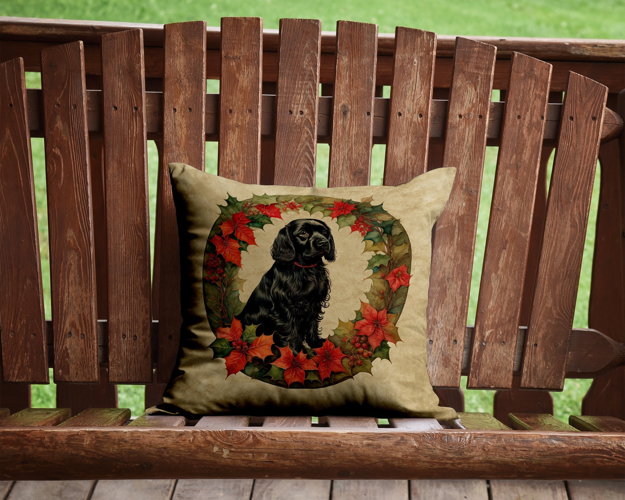 Cocker Spaniel Christmas Flowers Decorative Throw Pillow 14x14 Indoor Outdoor Accent Cushion, Fabric Cover with Insert for Sofa, Bed, Porch & Living Room