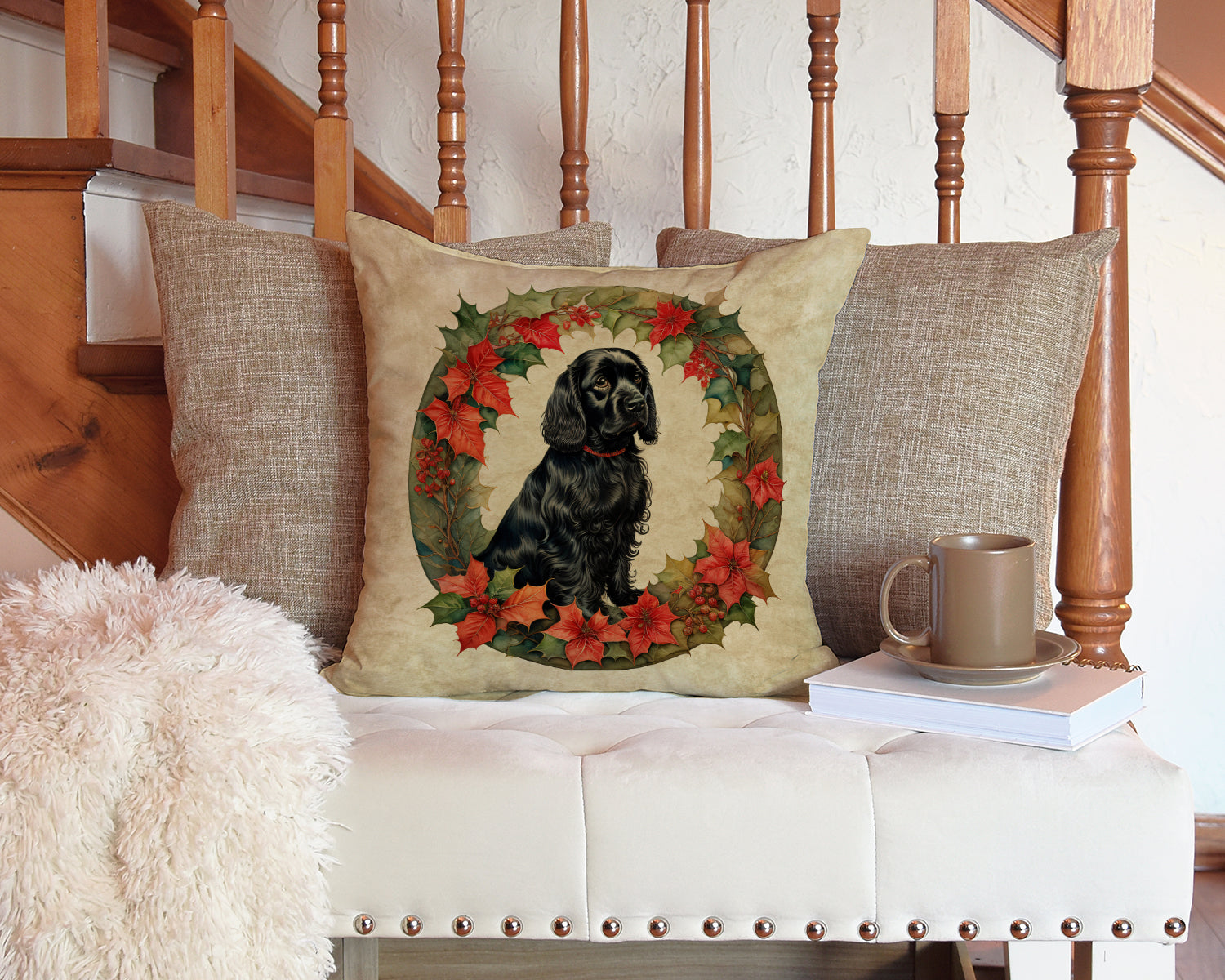 Cocker Spaniel Christmas Flowers Decorative Throw Pillow 14x14 Indoor Outdoor Accent Cushion, Fabric Cover with Insert for Sofa, Bed, Porch & Living Room