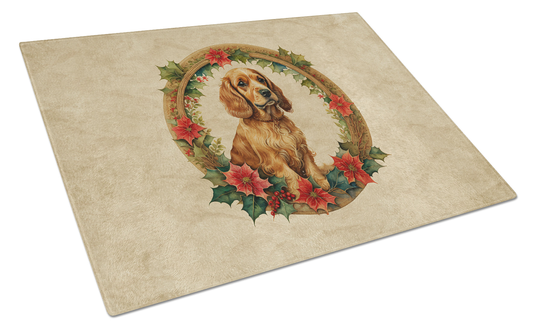 Cocker Spaniel Christmas Flowers Cutting Board Tempered Glass Kitchen Cutting Surface, Heat Resistant Chopping, Non-Slip Feet, Food Prep & Serving