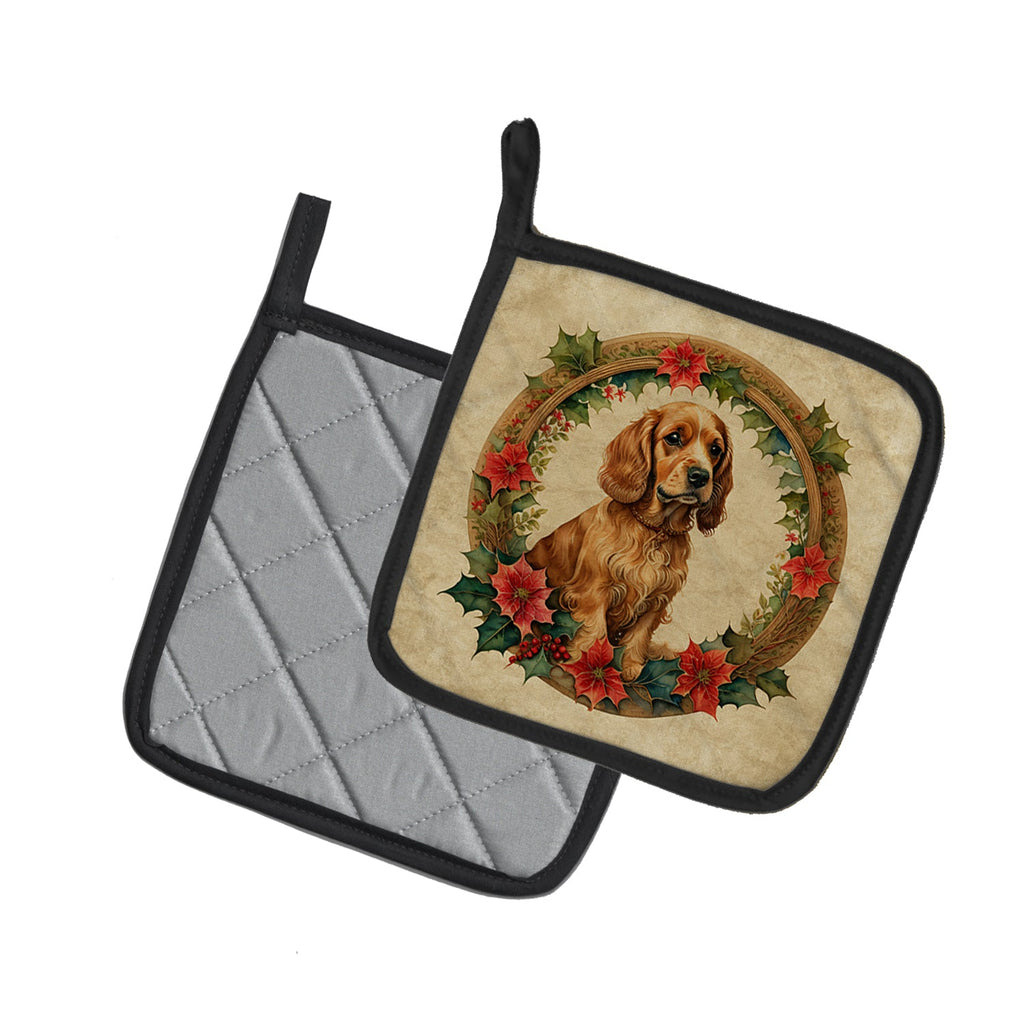 Cocker Spaniel Christmas Flowers Pot Holder Set of 2 Heat Resistant Quilted Hot Pads 7.5 x 7.5 Inch, Insulated Kitchen Trivets for Cooking & Baking