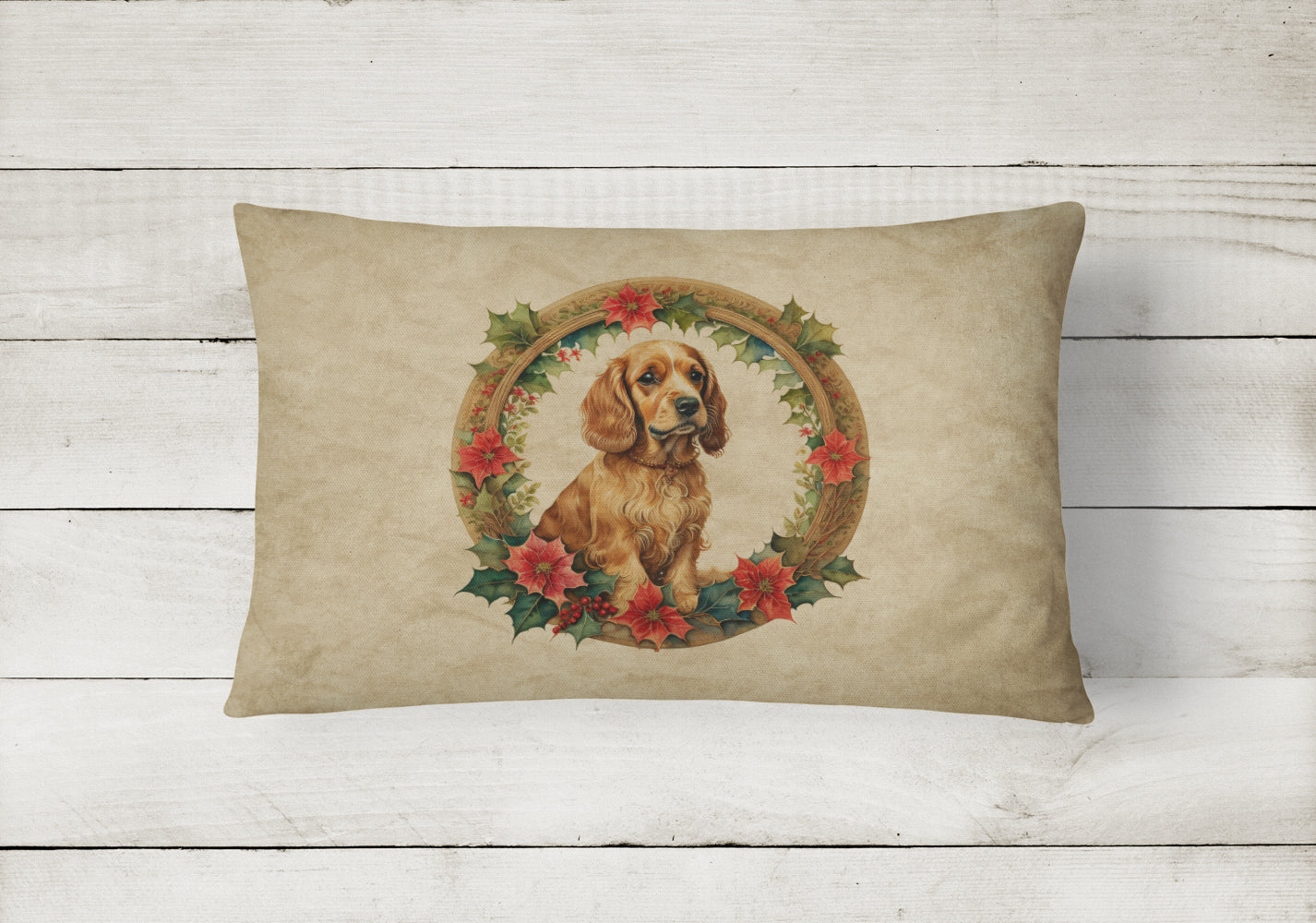 Cocker Spaniel Christmas Flowers Decorative Throw Pillow 12x16 Indoor Outdoor Accent Cushion, Fabric Cover with Insert for Sofa, Bed, Porch & Living Room