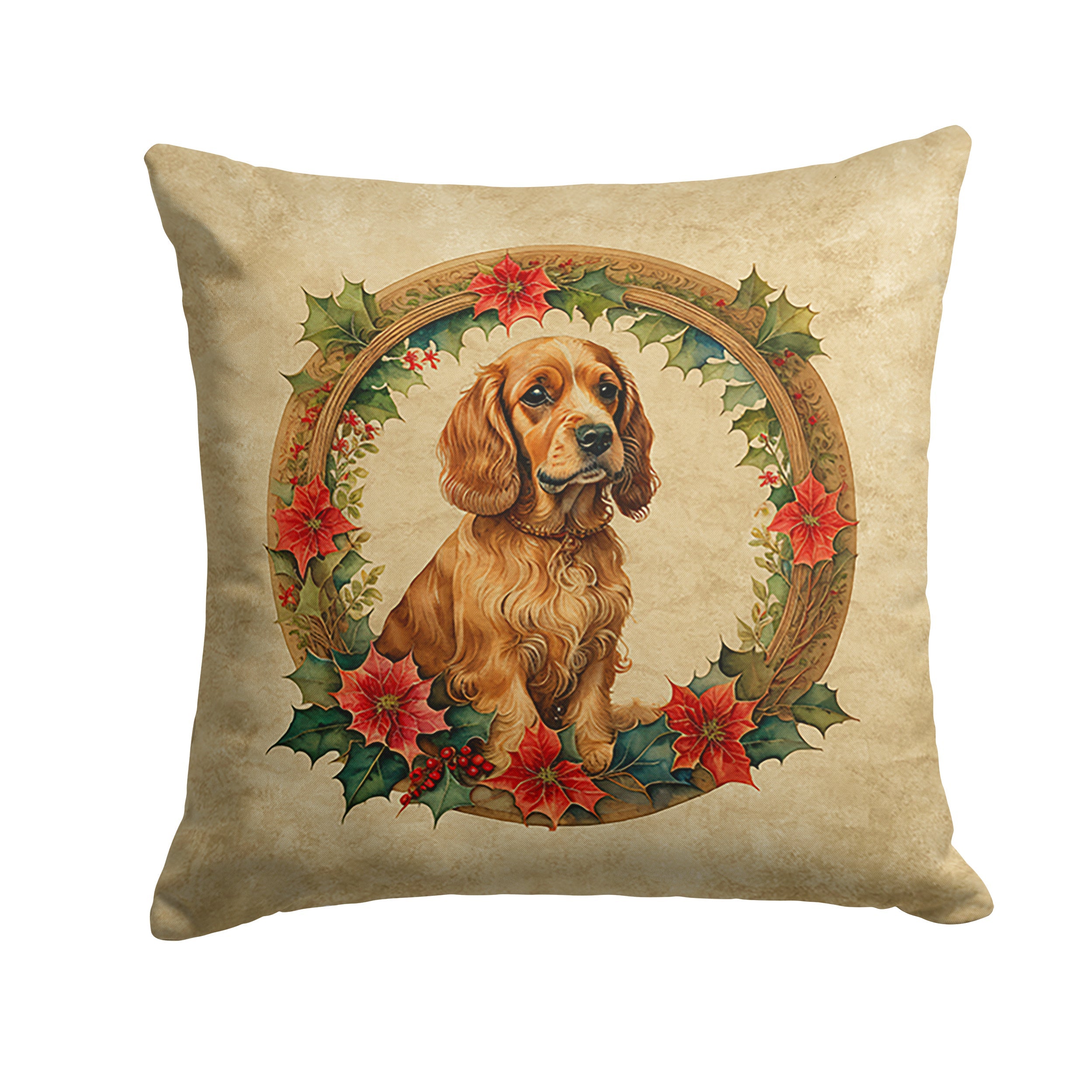 Cocker Spaniel Christmas Flowers Decorative Throw Pillow 14x14 Indoor Outdoor Accent Cushion, Fabric Cover with Insert for Sofa, Bed, Porch & Living Room