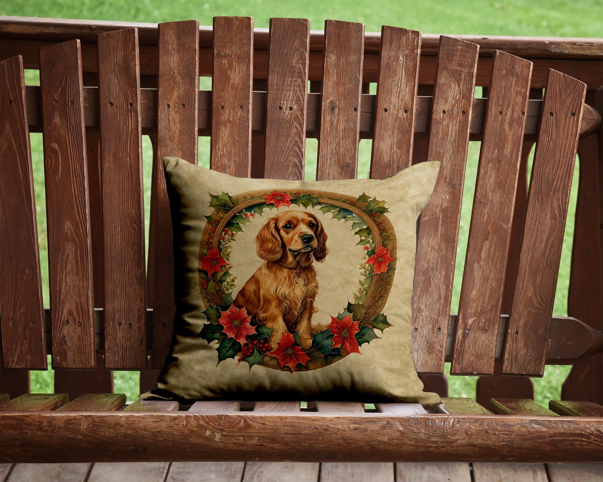 Cocker Spaniel Christmas Flowers Decorative Throw Pillow 14x14 Indoor Outdoor Accent Cushion, Fabric Cover with Insert for Sofa, Bed, Porch & Living Room
